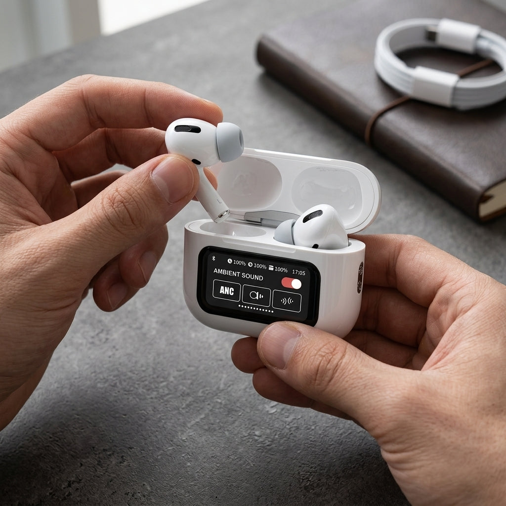 SmartBuds A9 Pro: estuche con pantalla táctil mostrando la cancelación de ruido
